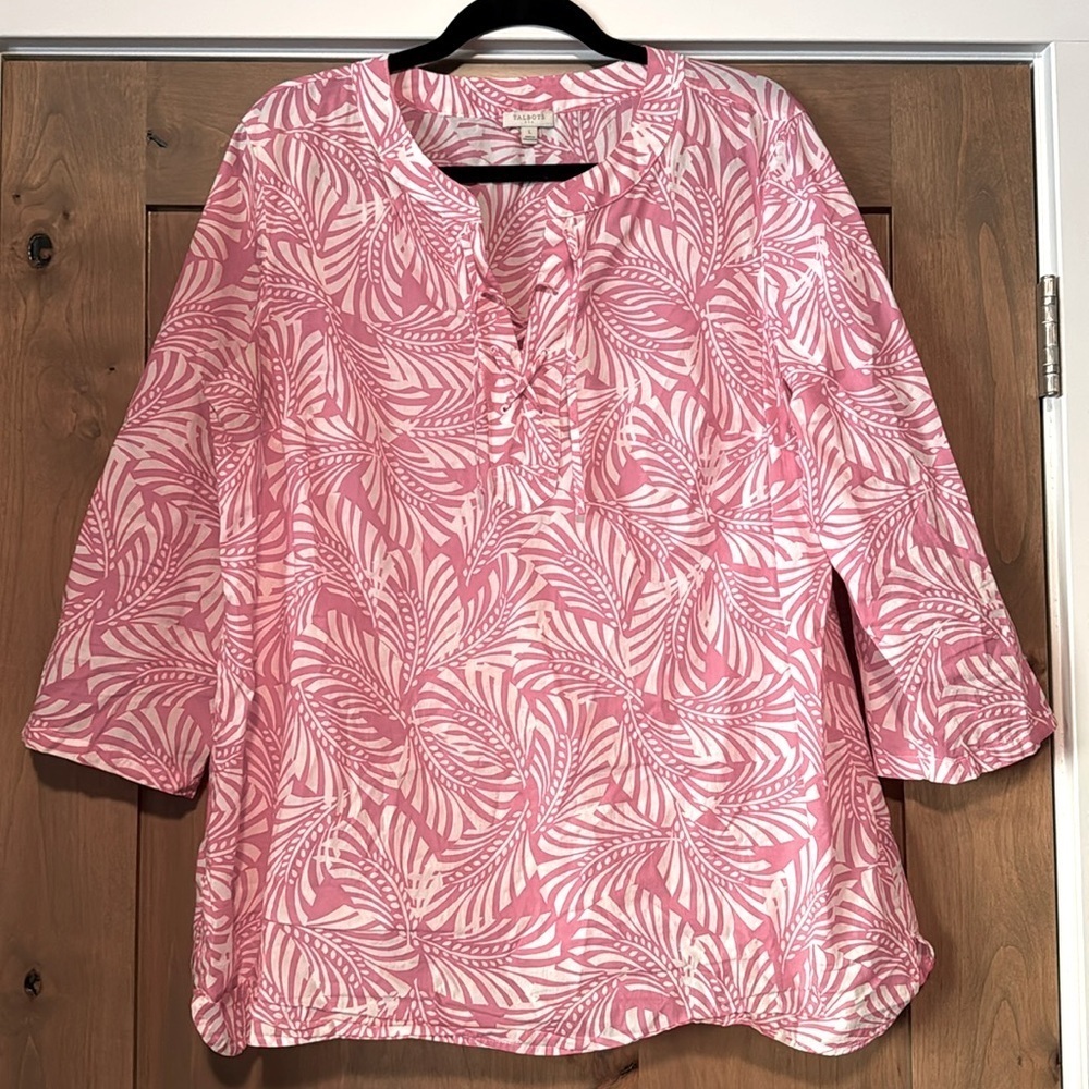 Talbots Fern Print Tunic Blouse Womens L Pink/White Cotton Tropical Vacation